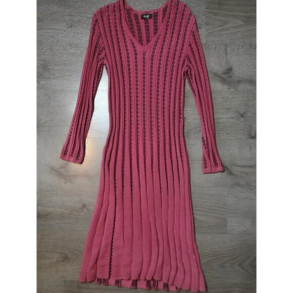 VINTAGE 70s Pleated Pink Red Midi Cable Knit Sweater Dress | TheStyleMinr.com - Picture 1 of 14